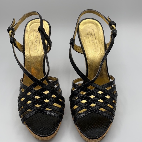 Coach Dawn black leather straps cork heels size 6 - Picture 1 of 12